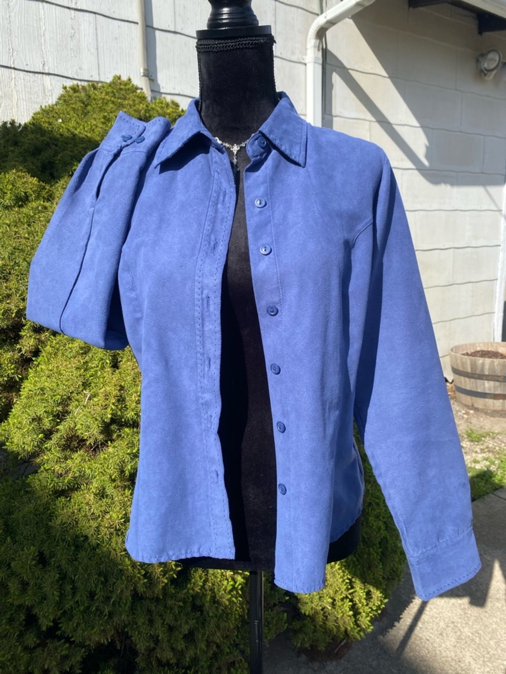 Lemon Grass Women's Button-Up Shirt Small, Blue, Long Sleeve, Micro Faux Suede